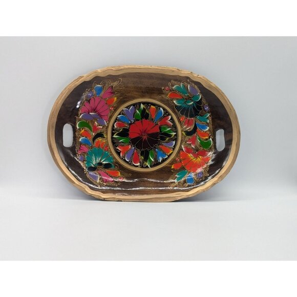 Hand-Painted Decorative Wooden Serving Tray With Colorful Floral Design - Picture 1 of 13
